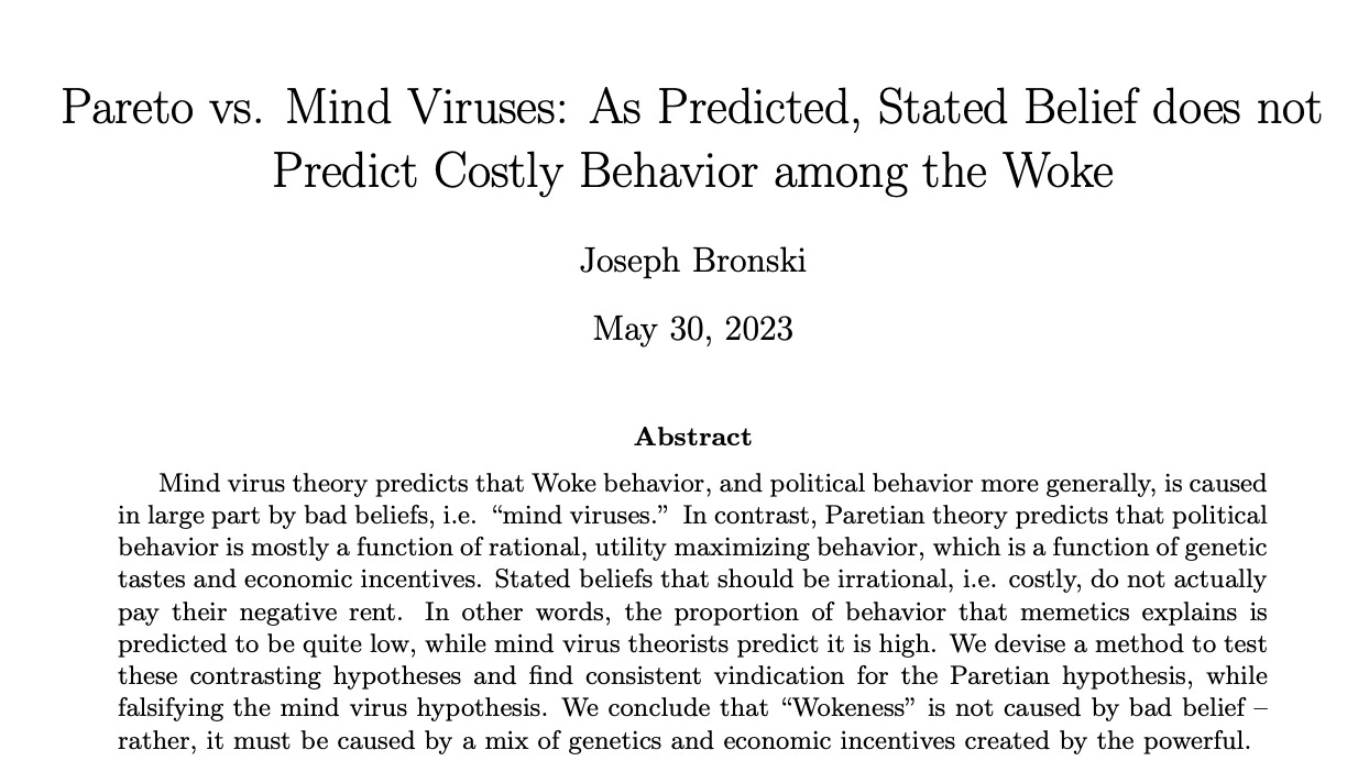 Pareto vs. Mind Viruses: As Predicted, Stated Belief does not Predict Costly Behavior among the Woke